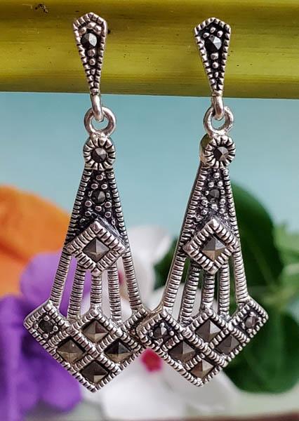 Sterling Silver Earrings: Item Details: Marcasite Earrings Length or Drop: 42 mm Width: 15.5 mm Stone Type: Weight in Grams: 6 Hallmarks and Stamps: 925, Thailand Other: Please Note: All items are taken at stamped value and ar