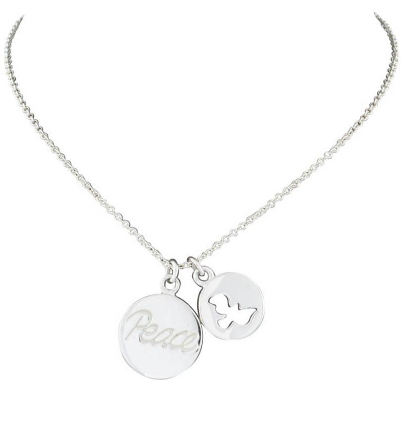 Tiffany & Co Paloma Picasso Sterling Necklace: Item Details: Features Two Round Pendants, Peace and a Cutout Dove with T&Co Chain Chain Length: 16 Inches Pendant Drop: Peace is 12.5mm and Dove is 10 mm Pendant Width: mm Clasp: Springring Weigh