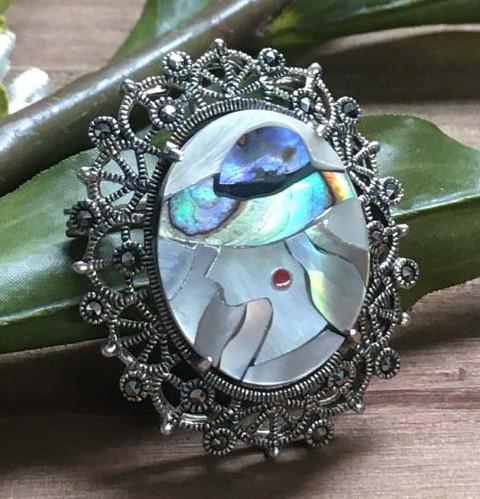 Sterling Silver Art Deco Pendant or Brooch: Item Details: art deco sterling silver mother of pearl and marcasite pendant or brooch | Measurement: 30mm x 32mm | Hallmarks & Stamps: 925 | Weight in grams: 8.7 grams | Shipping Time: Usually 2-5 Bu