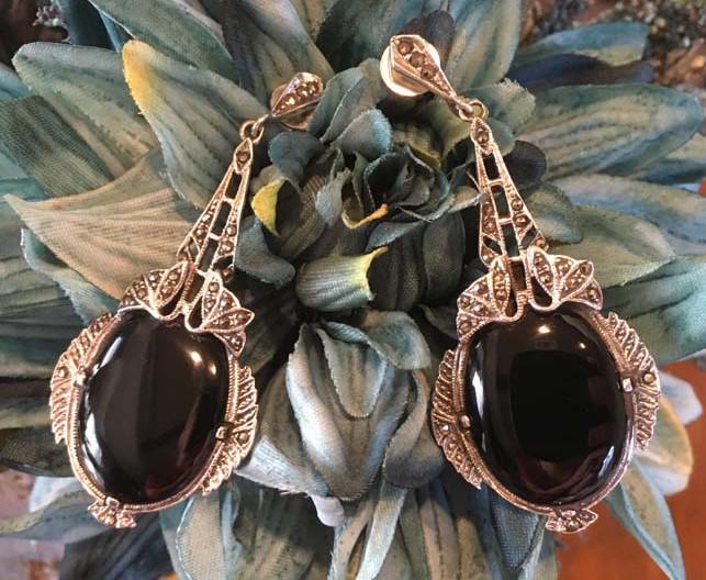 Sterling Marcasite & Onyx Dangle Earrings (1 of 2)