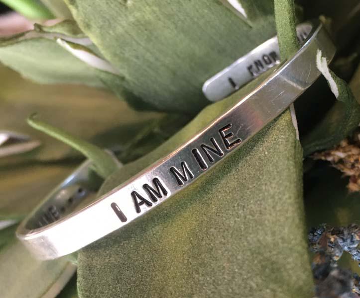 800 Silver I Am Mine Cuff Bracelet: Item Details: 800 silver I am mine cuff bracelet,inside of bracelet reads: I know I was born and I know that I'll die the inbetween is mineâ€¦. | Measurement: 2.3 inch diameter, 5mm width | Hallma