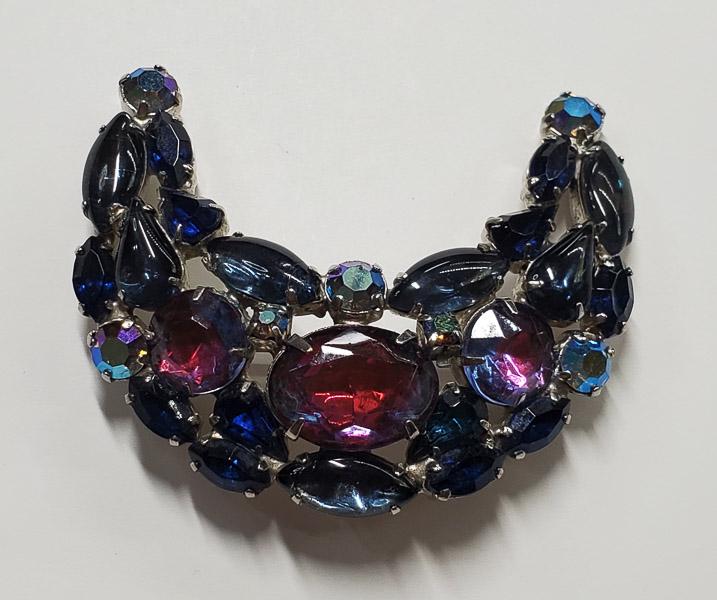 Vintage Glass and Rhinestone Brooch: Measures appx 2.44 inches by 1.95 inches. Shipping Time: Usually 2-5 Business Days Shipping Rates: Shipping rates start at $15 (US Only) for 2-3 Day Priority Mail, contact us for our first-class rates