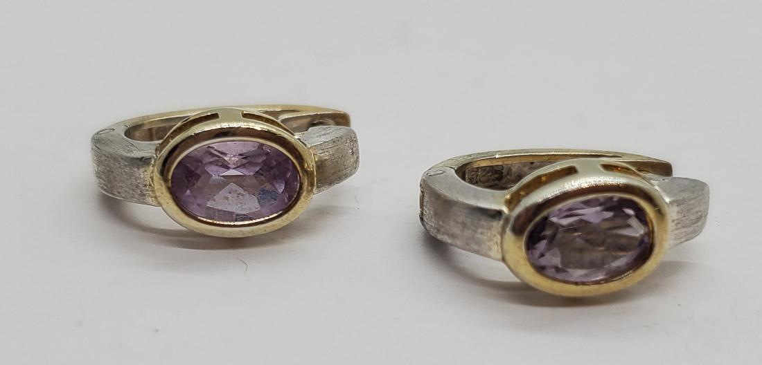 Two Tone Sterling Amethyst Huggie Earrings: These earrings have a 15.5mm drop and are 7mm wide. Shipping Time: Usually 2-5 Business Days Shipping Rates: Shipping rates start at $15 (US Only) for 2-3 Day Priority Mail, contact us for our first-c