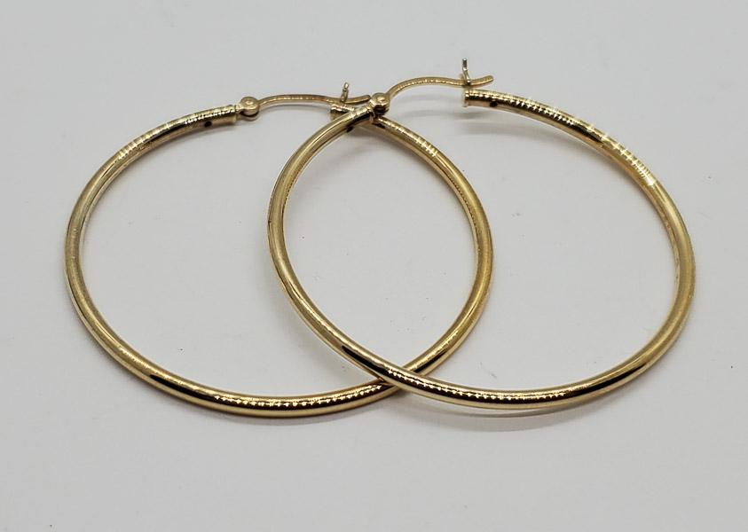 Gold Tone Sterling Hoop Earrings: These earrings have a 46mm drop and are 2mm wide. Shipping Time: Usually 2-5 Business Days Shipping Rates: Shipping rates start at $15 (US Only) for 2-3 Day Priority Mail, contact us for our first-cla