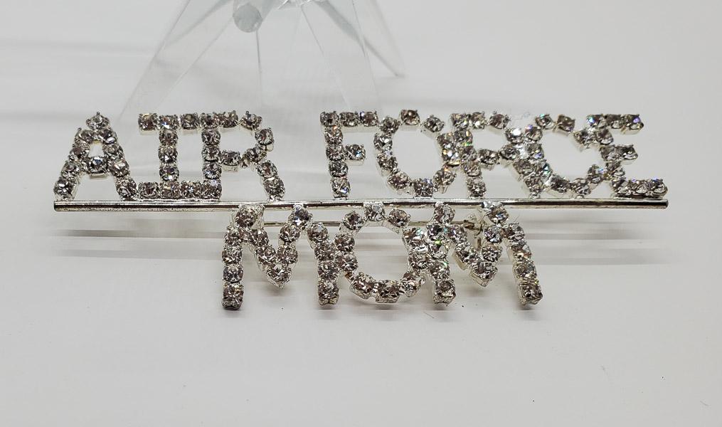 Rhinestone Air Force Mom Brooch: Brooch measures 31mm by 88.5mm. Shipping Time: Usually 2-5 Business Days Shipping Rates: Shipping rates start at $15 (US Only) for 2-3 Day Priority Mail, contact us for our first-class rates. Combined