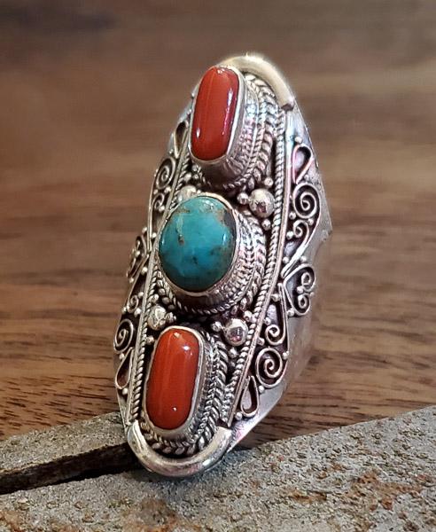 Elongated Turquoise Coral Sterling Silver Ring Sz 11 (1 of 5)