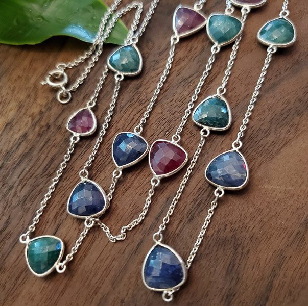 Emerald, Sapphire, and Ruby Sterling Silver 36in: Please review the pictures closely as this is the exact item you will receive Length: 36 Inches Weight in Grams: 19.71 Hallmarks and Stamps: 925 Please note: All items are taken at stamped value and a