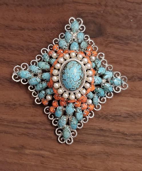 SCHREINER Turquoise and Coral Colored Brooch (1 of 7)