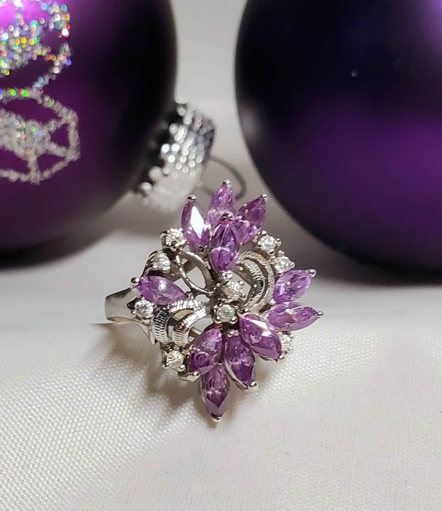 Sterling Silver Cz Purple Flower Statement Ring sz 7 (1 of 4)