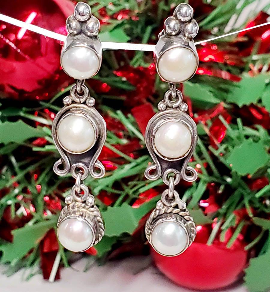 Sterling Silver Pearl Link Dangle Earrings (1 of 4)