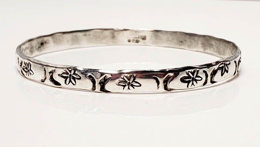Sterling Silver Stamped Flower Bangle Bracelet (1 of 4)