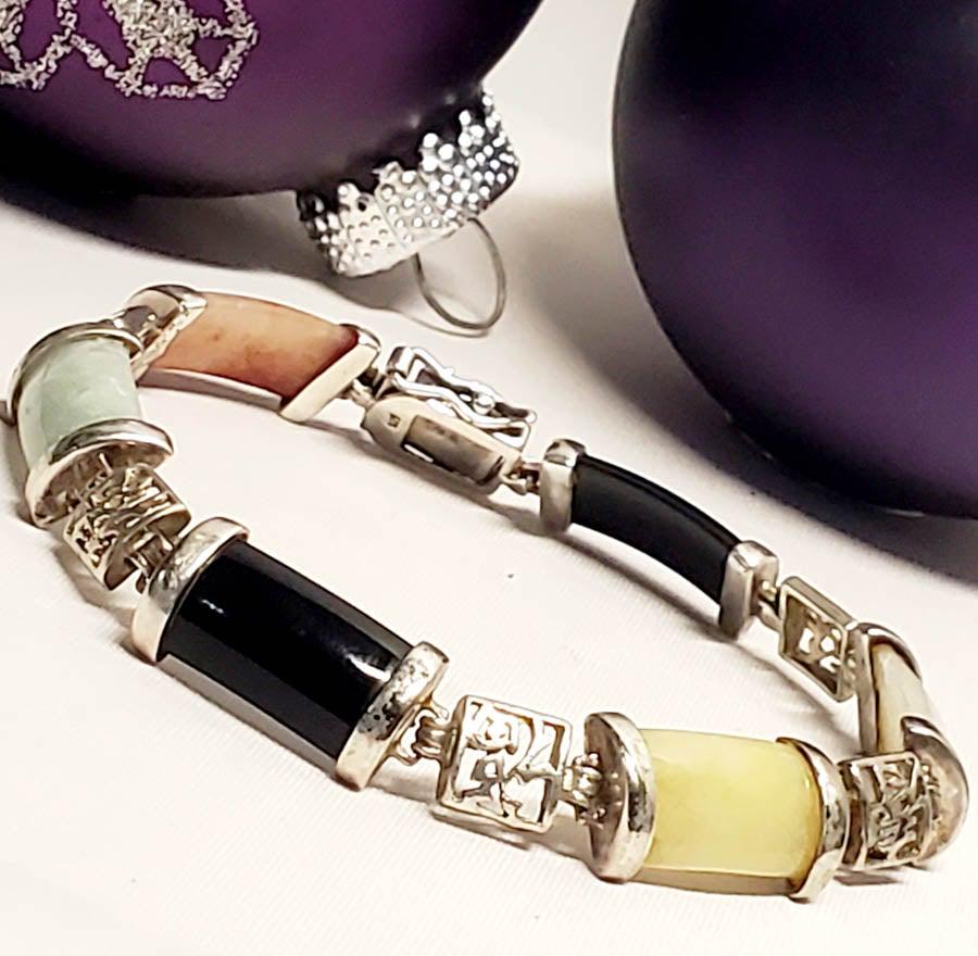DBI Sterling Silver Asian Jade and Onyx Link Bracelet (1 of 6)