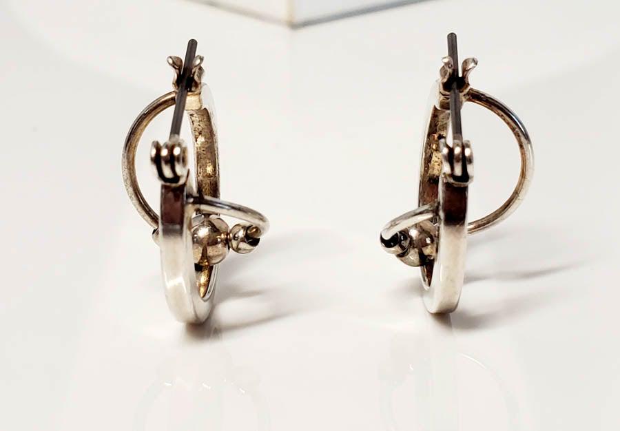 Sterling Silver Hoop and Bead Earrings: Please see pics for details as this is the exact item you will receive. Measures: 20.5 mm drop and 13 mm wide Weight in gams: 2.42 Hallmarks & Stamps Include: Tested silver Please note: All items 