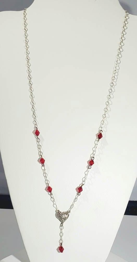 Sterling Silver Red Rhinestone and Heart Necklace 17" (1 of 5)