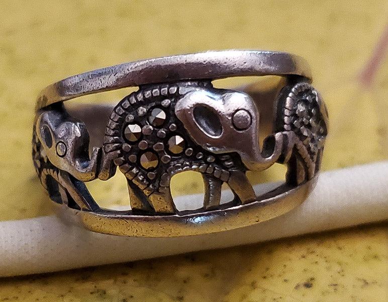 Marcasite Sterling Silver Elephant Ring sz 6: Please see pics for details as this is the exact item you will receive.Ã‚ Size: 6 Measures: 12mm at widest Weight in Grams: 5 Hallmarks & Stamps Include:Ã‚ 925, NV Please note: All items are