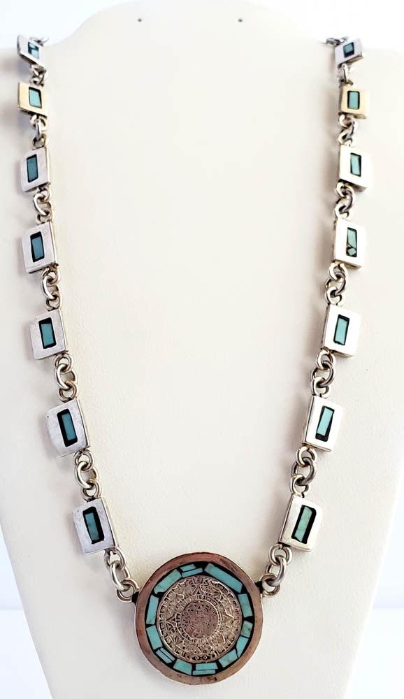Vintage Mexico Sterling Silver Aztec Mayan Calendar with Turquoise Inlay Necklace 19" (1 of 5)