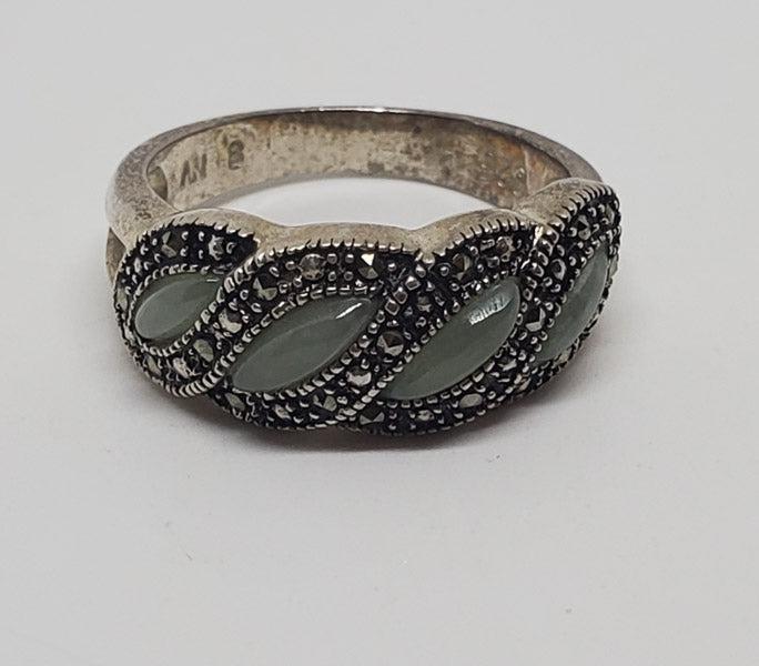 Signed Jade and Marcasite Sterling Silver Ring Sz 8 (1 of 4)
