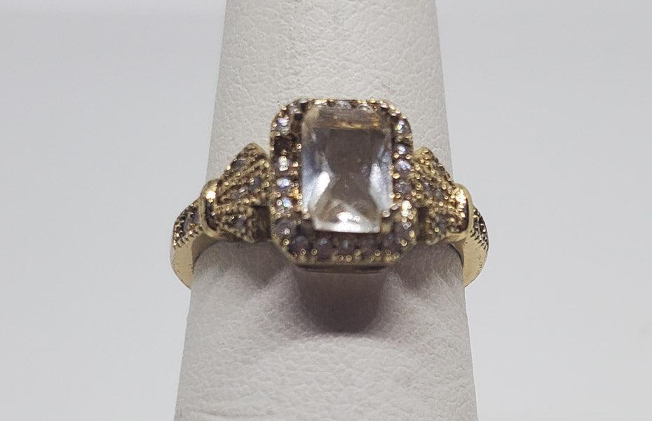Halo Style Emerald Cut Gold over Sterling Ring sz 6 (1 of 6)