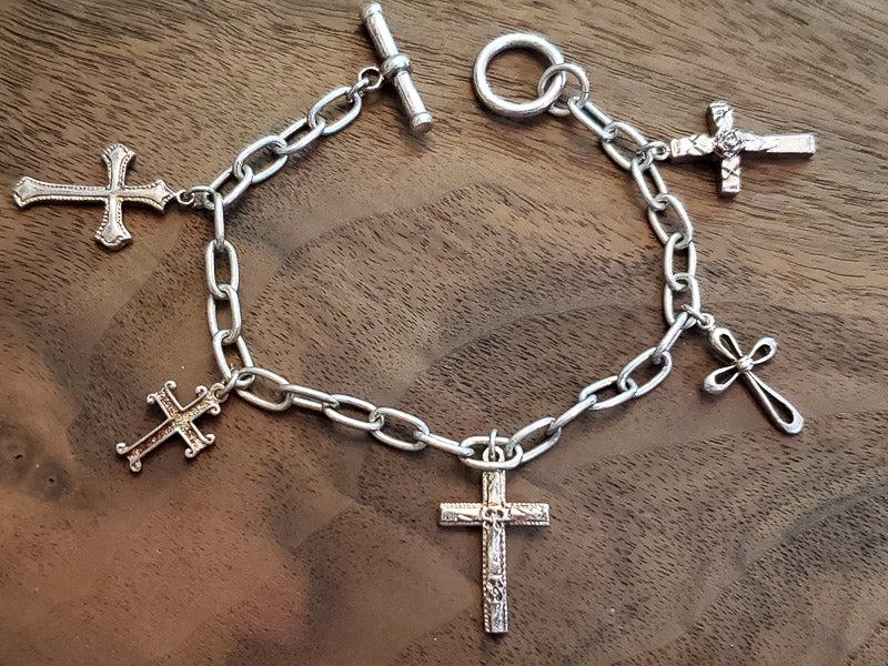 Cross Charm Sterling Silver Link Bracelet (1 of 5)