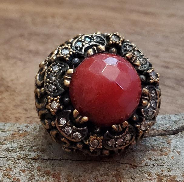 Large Red Jade Brass and Sterling Silver Dome Ring Sz 7.5 (1 of 6)