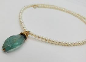 Sterling Genuine Pearl and Green Natural Stone Necklace (1 of 3)