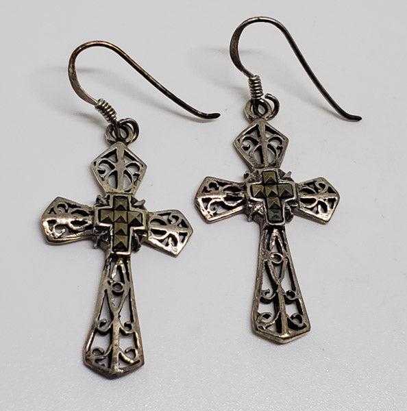 Marcasite Sterling Silver Cross Earrings: Please see pics for details as this is the exact item you will receive.Ã‚ Item Details: They have a 44mm drop and are 18mm wide Weight in Grams: 4.43 Hallmarks & Stamps Include: 925 Due to the 