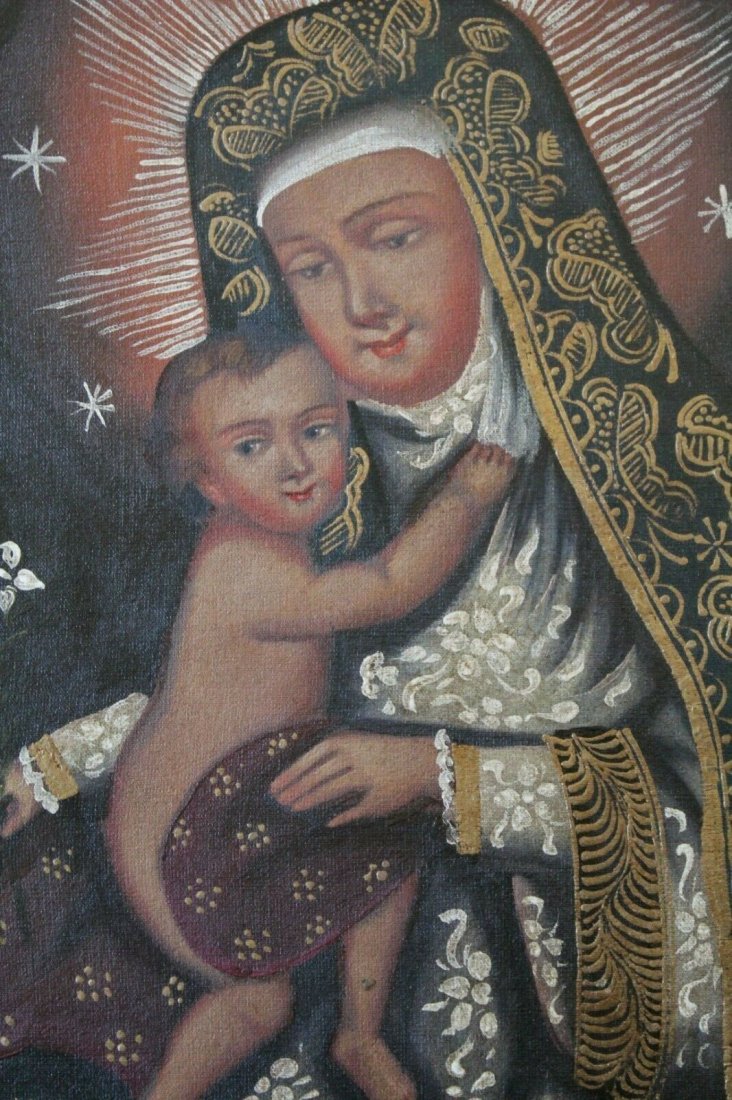 1600c to 1800c Peruvian Cusco Art of Mary and Child.: 1600c to 1800c Peruvian Cusco Folk Art Oil Painting that depicts a Religious Portrait of Mary and Child. The Cusco School is a Roman Catholic artistic tradition based in Cusco, Peru during the Colonia