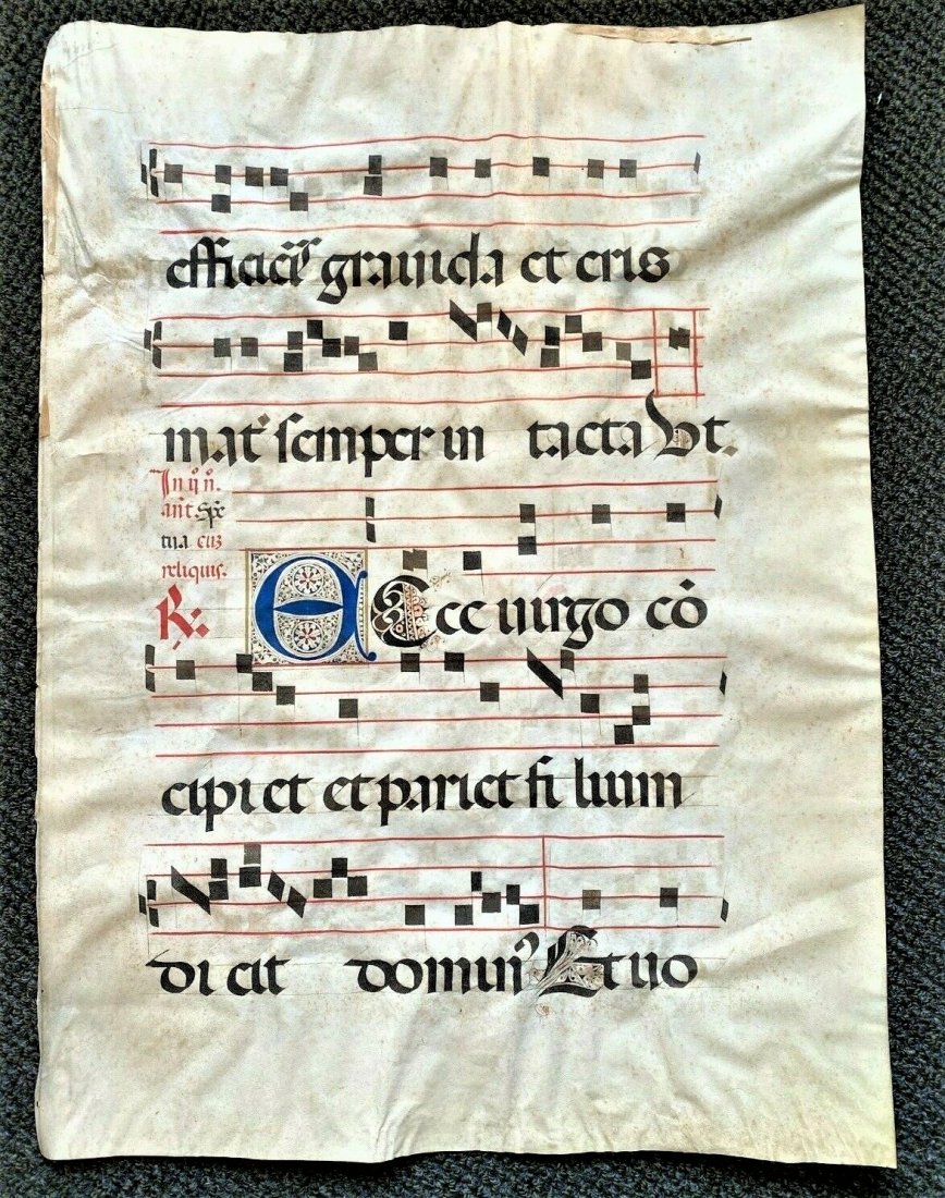 1300 century LARGE ORIGINAL handwritten medieval VELLUM: 1300 century LARGE ORIGINAL handwritten medieval VELLUM (lamb skin) manuscript EARLY 13th CENTURY ORIGINAL HANDWRITTEN VELLUM CHANT MANUSCRIPT FROM AN IMPORTANT CHOIRBOOK OR HYMNAL From the early 1300