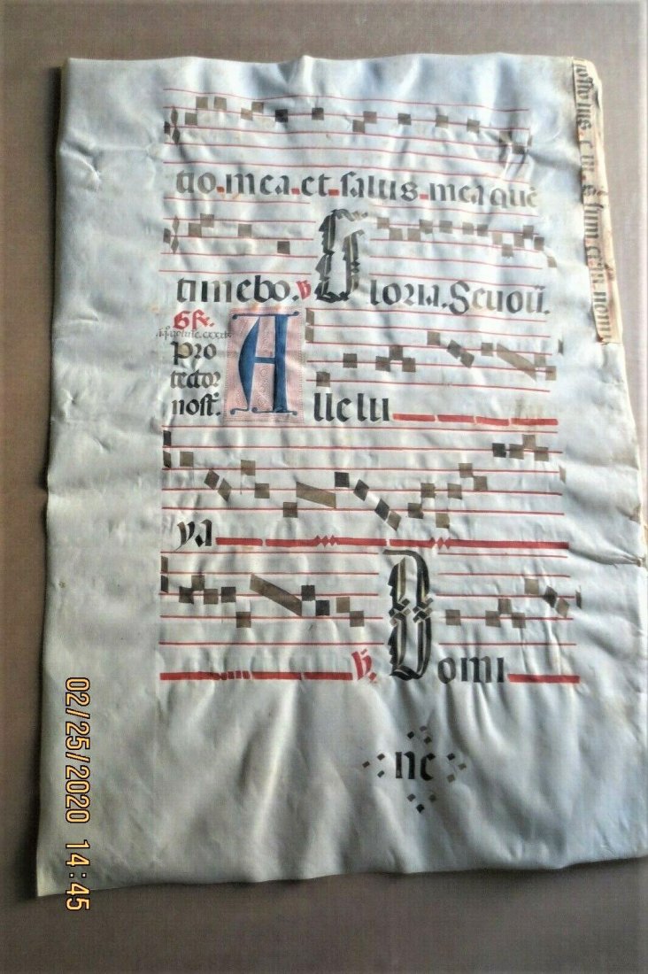 1500 ANTIPHONAL DOUBLE-SIDED VELLUM LATIN MANUSCRIPT: 1500's or earlier, ANTIPHONAL HISTORICAL DOUBLE-SIDED LATIN MUSIC MANUSCRIPT ON VELLUM (calf skin) Double sided Latin Antiphonal music manuscript on vellum - Marked on estate 16 century. Latin text me
