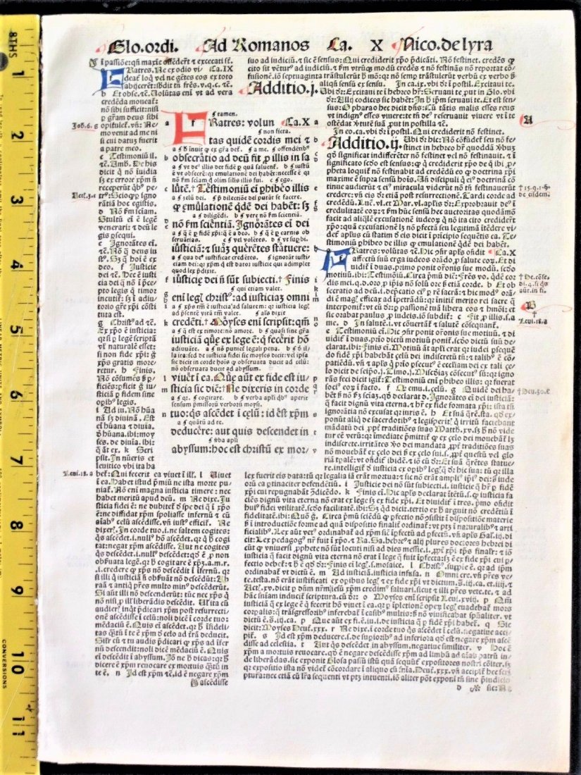 1498 Bible Quire 6 L, Paul's Epistle/Romans,Chapt.10-13: 1498 Bible Quire, 6 L, Paul's Epistle/Romans, Chapt.10-13 A splendid example of medieval printing, being a quire of six leaves from a fragment of a Biblia Latina. Printed in Basel on December 1, 1498 