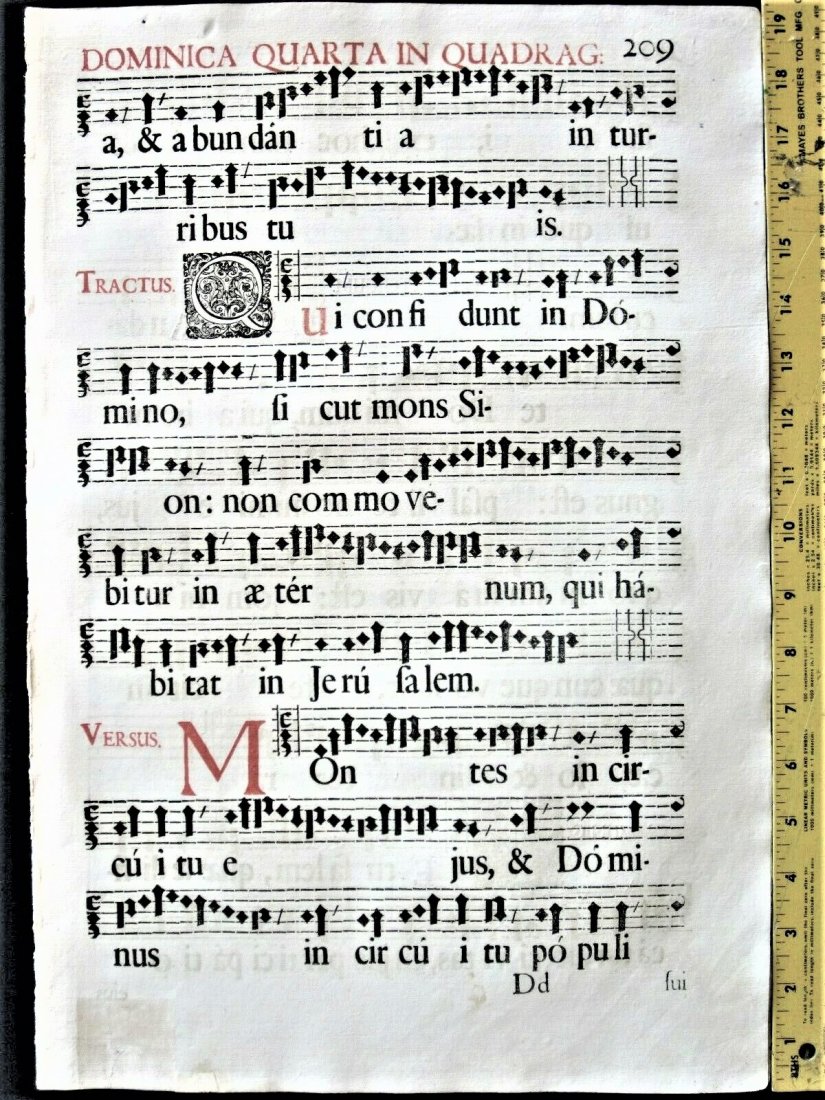 1671 Rare huge music quire Gregorian Chant: 1671 Rare huge deco. music quire of 4 leaves, Gradual, Gregorian Chant A huge decorative quire of four leaves with musical staffs on paper from a fragment of Graduale Missali Romano, Cantui vero Grego