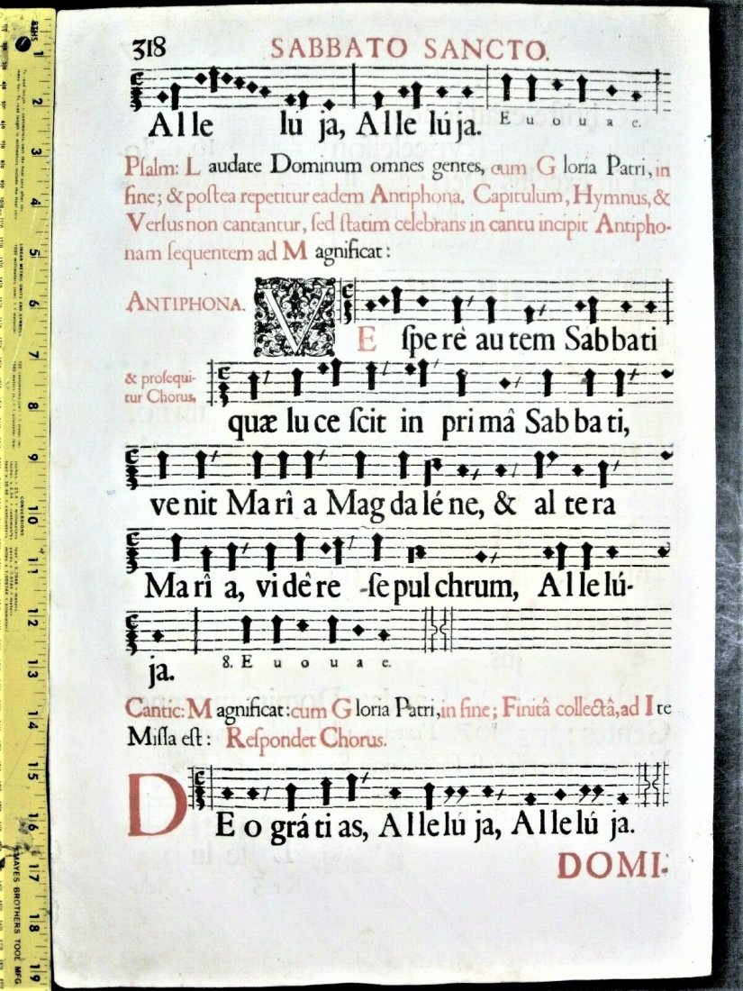 1671 Rare huge music leaf, Gradual, Gregorian Chant: 1671 Rare huge deco. music leaf, Gradual, Gregorian Chant A huge decorative leaf with musical staffs on hand made paper from a fragment of Graduale Missali Romano, Cantui vero Gregoriano-Moguntino. Pr