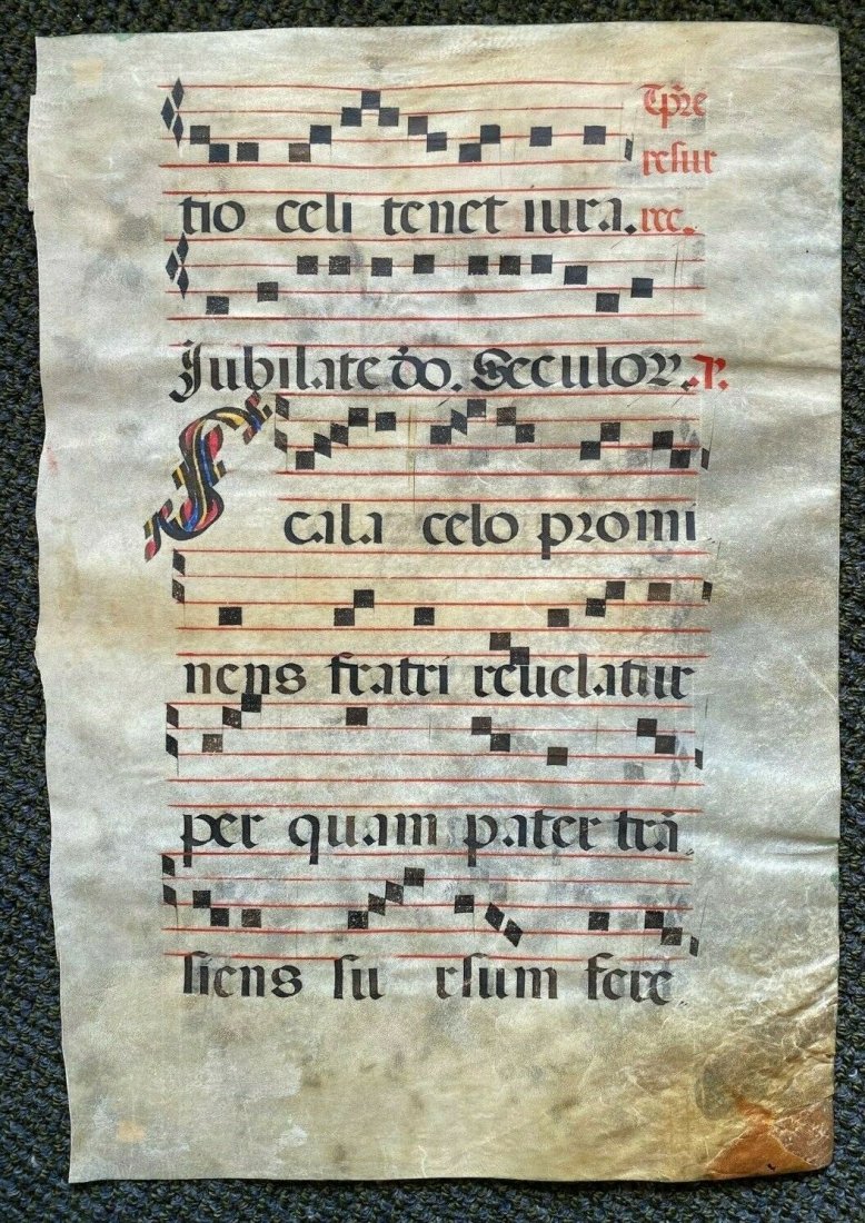 16th century Large medieval VELLUM manuscript: 16th century Large ORIGINAL handwritten medieval VELLUM (calf skin) manuscript Large Original handwritten thick vellum leaf from a choir book Dated to the early 1600s (and perhaps the late 1500s) A be