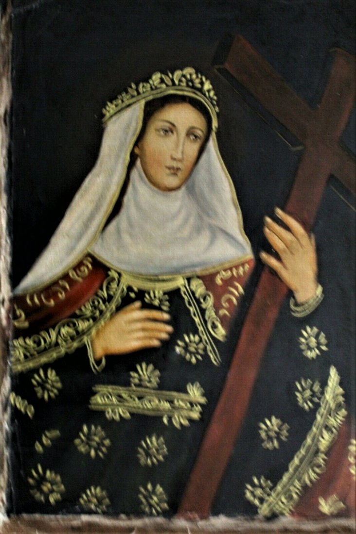 1900c Peruvian Cusco, Mother Mary, Cross in Hand Oil (1 of 3)