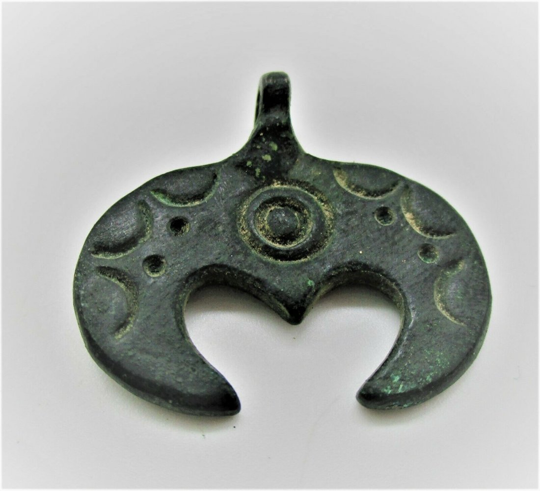 900-1100 AD VIKING,NORSE BRONZE LUNAR WEARABLE AMULET: 900 - 1100 AD VIKING ERA NORSE BRONZE LUNAR AMULET WEARABLE Low Reserve