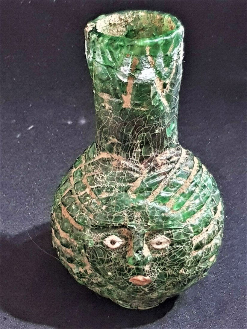 RARE PHOENICIAN, GREEN PATINA, GLASS BOTTLE WITH FACE (1 of 2)