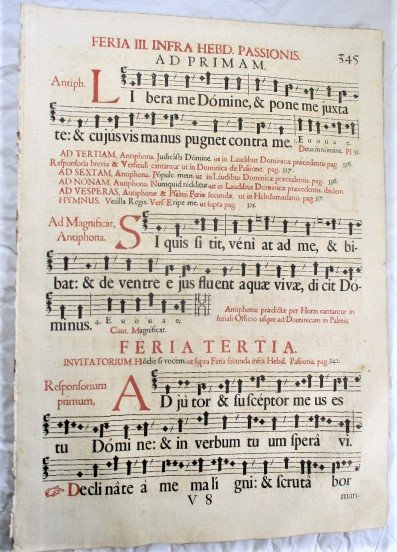 1667 Cantus Gregoriano musical notes Hand Made Paper: 1667 A gigantic decorative leaf with musical notes on paper from a fragment of: Cantus Gregoriano: Moguntinus; Breviario Romano accommodates, Pars Hiemalis Moguntiae (Mainz the place where Gutenberg i