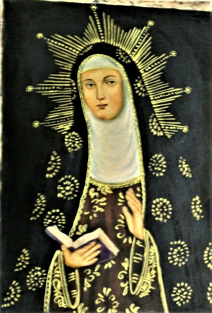 1900s Peruvian Cusco Folk Art Oil Painting of Mary: 1900s Beautiful Peruvian Cusco Folk Art Oil Painting of Mother Mary - The Cusco School is a Roman Catholic artistic tradition based in Cusco, Peru during the Colonial period from the 16th to the 19th 