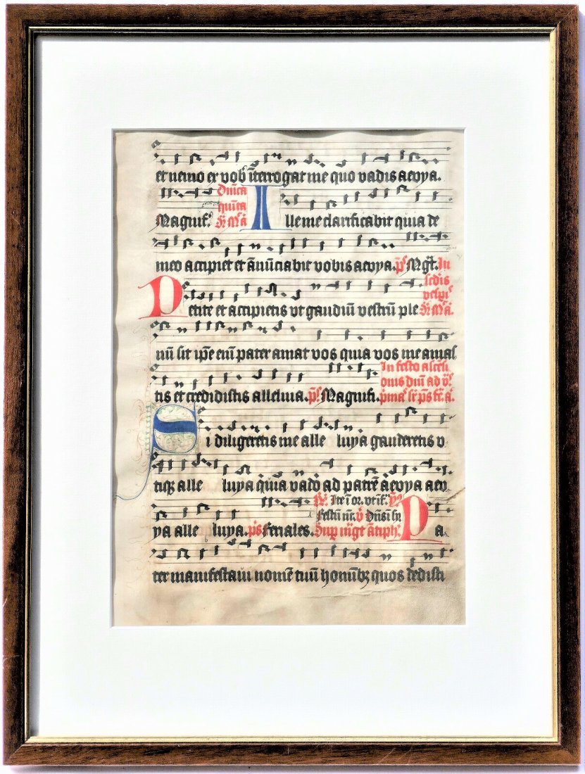1300s ILLUMINATED MEDIEVAL NOTED BREVIARY ON PARCHMENT: 1300s ILLUMINATED MEDIEVAL NOTED BREVIARY ON PARCHMENT (Lamb Skin) VELLUM LATIN, FRAMED An interesting early 14th Century handwritten noted Breviary on vellum, of large proportions, originating from E