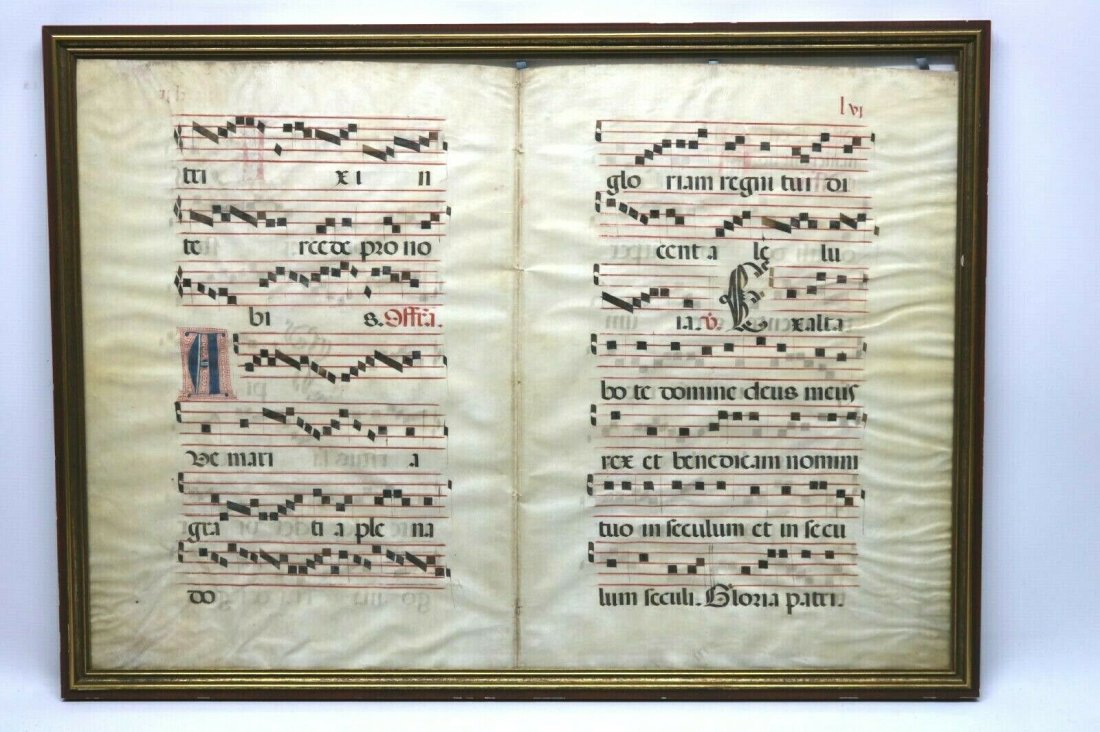 1400s Hymn Sheet Handwriting, Lamb Skin, Signature: 1400s Hymn Sheet Handwriting, Lamb Skin Velum, Framed Signature Hand Written, 5 Large Scripted Letters, 3 colored, Red print throughout