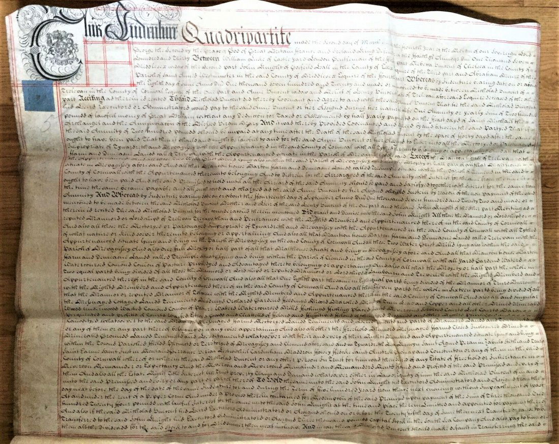 1730 Calf Skin Indenture Sale Lands in Cornwall (1 of 6)