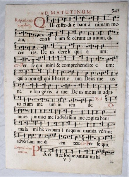 1667 Cantus Gregoriano musical notes Hand Made Paper: 1667 A gigantic decorative leaf with musical notes on paper from a fragment of Cantus Gregoriano, Moguntinus, Breviario Romano accommodates, Pars Hiemalis Moguntiae (Mainz the place where Gutenberg in