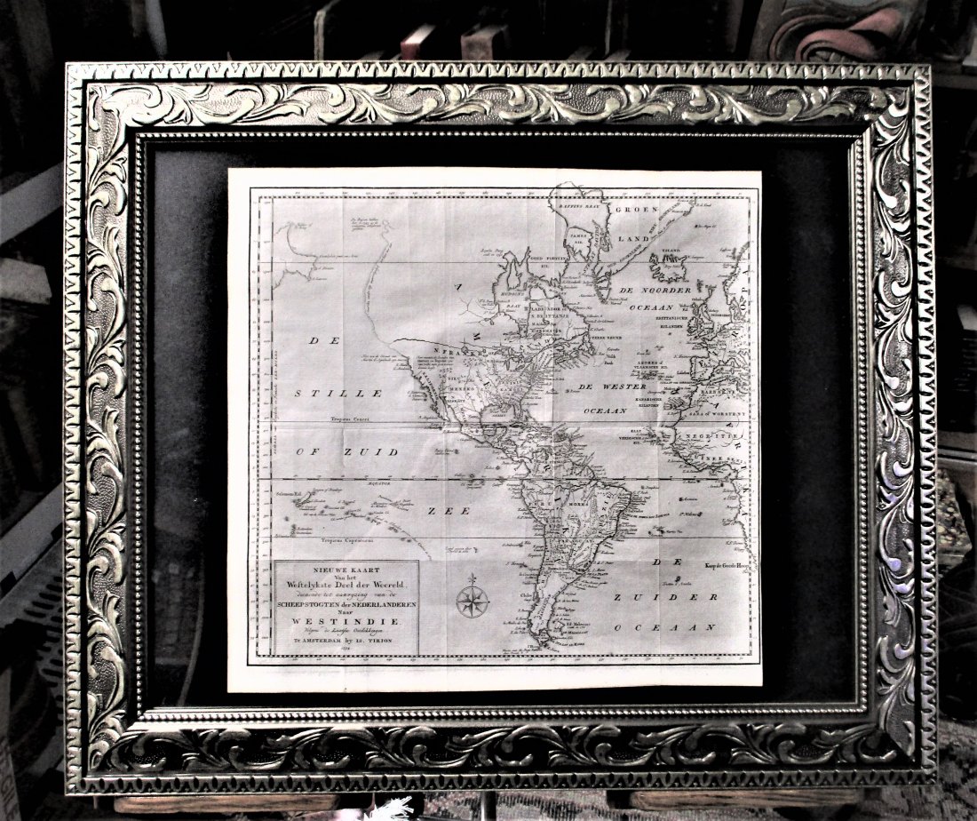 1754 Engraved Map of America, Hand Made Paper: 1754 Engraved Map of America Etching on hand laid paper Map of the Western part of the world, to illustrate the Dutch sea voyages to West India. Map of the Americas, with the edge of Europe and Africa