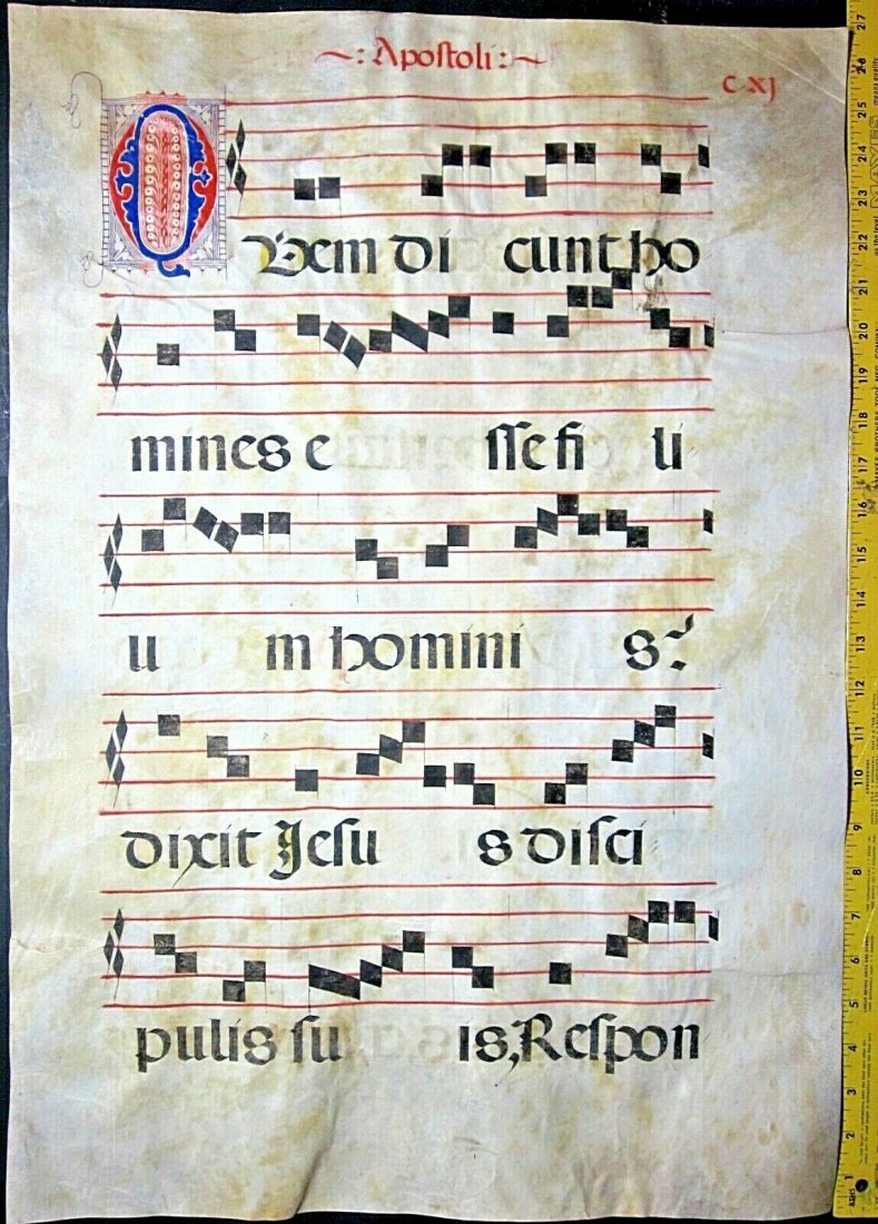 1500 Gregorian Chant Manuscript,Lambskin Vellum,Q Rare: 1500 Gregorian Chant Manuscript Leaf, Lambskin Vellum, fancy initials, Extremely Rare A huge decorative liturgical manuscript leaf on lambskin vellum, written most likely in a Spanish scriptorium arou