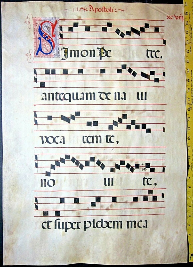 1500 Gregorian Chant Manuscript,Lambskin Vellum,S Rare: 1500 Gregorian Chant Manuscript Leaf, Lambskin Vellum, fancy initials, Extremely Rare A huge decorative liturgical manuscript leaf on lambskin vellum, written most likely in a Spanish scriptorium arou
