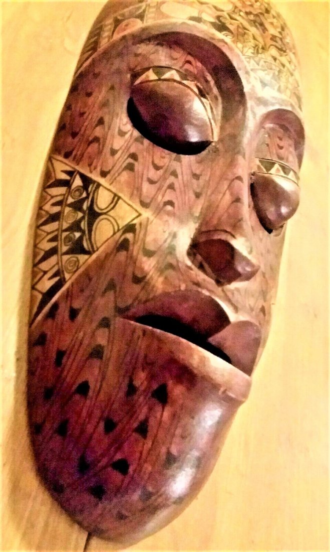 1900s Indonesian Hand Carved Inlaid Mask: 1900s Indonesian Large Hand Carved Inlaid Mask