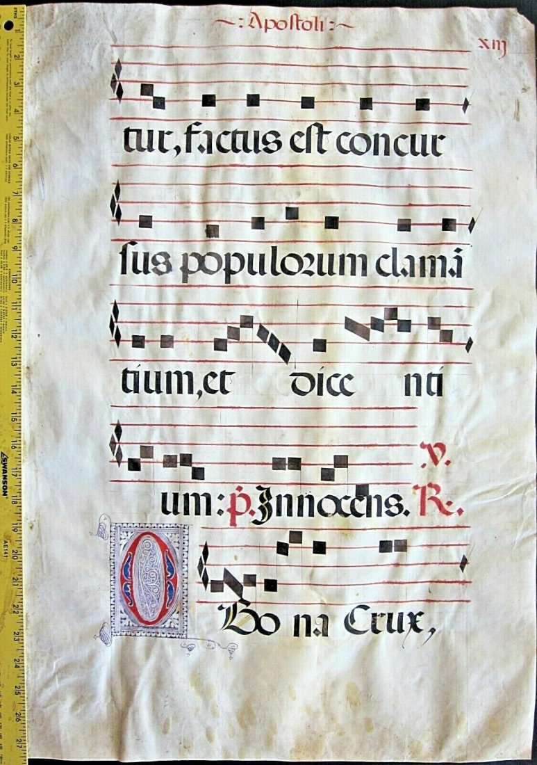 1500 Huge Antiphonary Manuscript Leaf, Lamb Skin Velum: 1500 Gregorian Chant Manuscript Leaf, Lambskin Vellum, fancy initials, Extremely Rare A huge decorative liturgical manuscript leaf on lambskin vellum, written most likely in a Spanish scriptorium arou