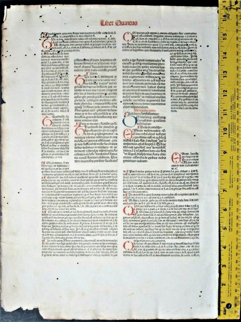 1486 Huge Incunabula Leaf from Decretales, Pope Gregory: 1486 Huge Incunabula Leaf from Decretales, by Pope Gregory IX A splendid example of medieval printing, being a huge decorative Leaf from a fragment of Decretales, by Pope Gregory IX Printed at Speyer 