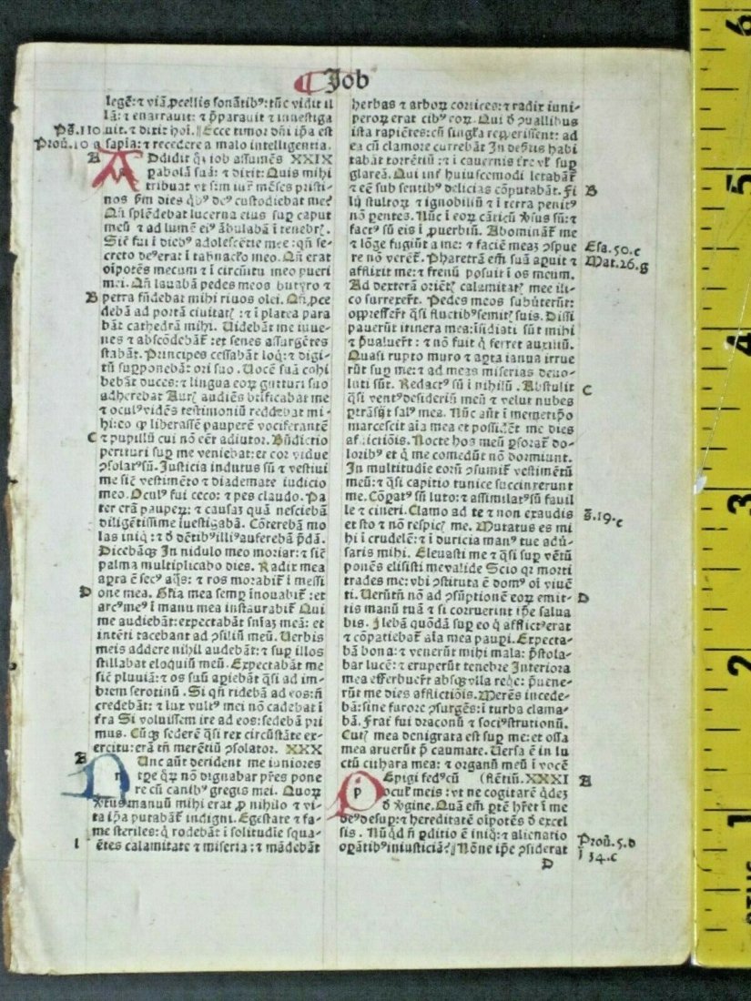 1495 Job chapter 28-33, Hand Painted Bible Leaf: 1495 Job chapter 28-33, Hand Painted Bible Leaf A good example of decorative medieval printing, being a leaf from a fragment of a Biblia Latina Printed at Basel, Switzerland by Johann Froben on Octobe