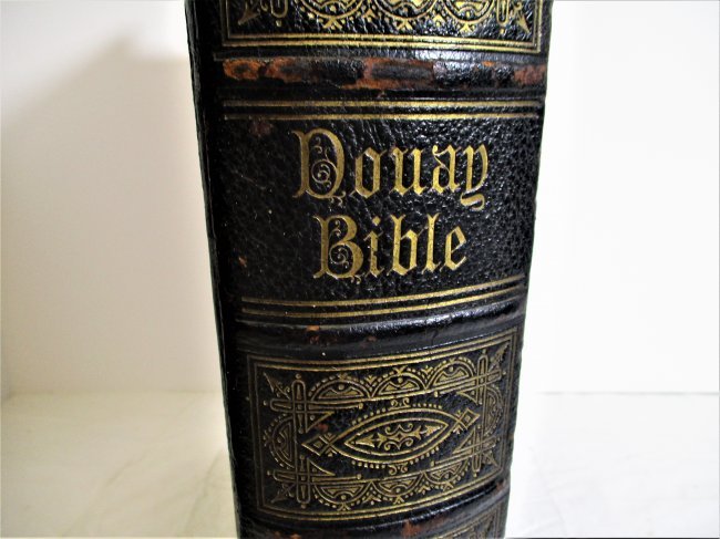 1865 ANTIQUE CATHOLIC HOLY BIBLE DOUAY: 1865 ANTIQUE CATHOLIC HOLY BIBLE DOUAY Includes a Family Register Includes a dictionary of the bible. History of the holy bible, scenes in bible lands. Full page color and gold page. This